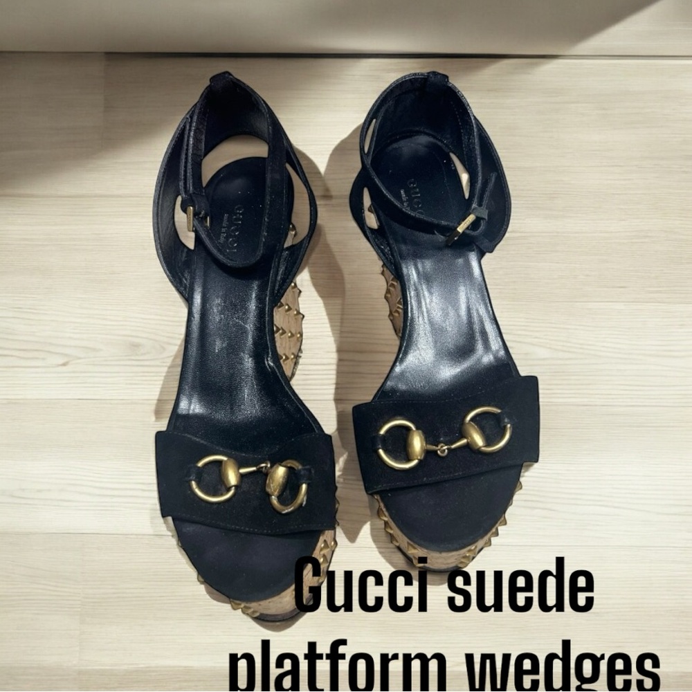 Gucci studded suede cork horsebit wedge sandals sz 37.5